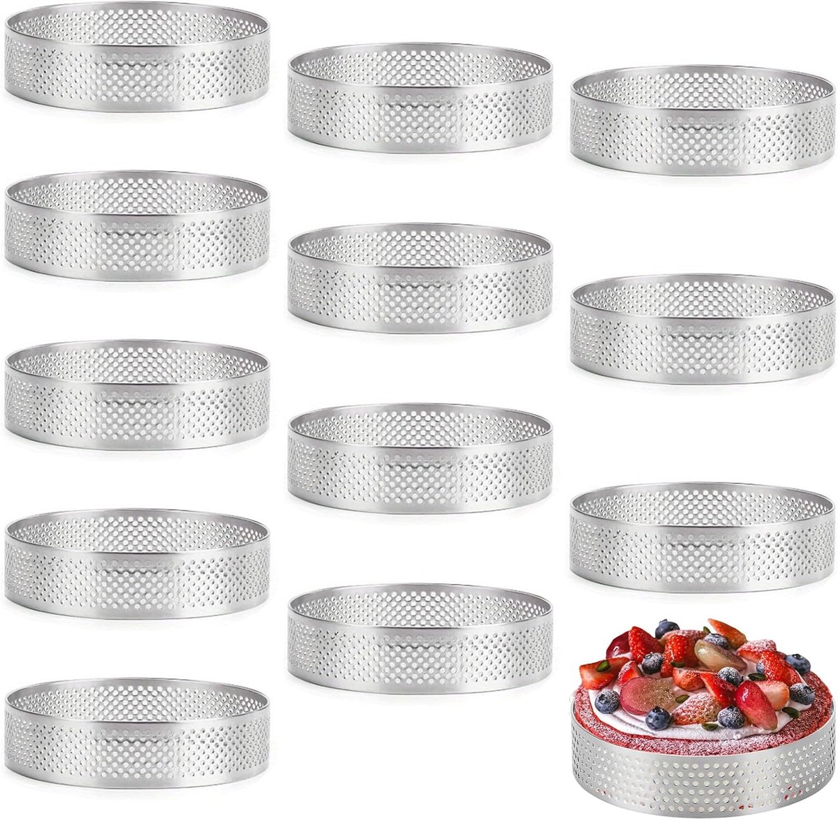 SnelShoppen - 12 stuks Mousse Tartelette-vormpjes 8 cm - Geperforeerde Dessertringen van Roestvrij Staal - Antiaanbaklaag voor Perfecte Mini Taarten e