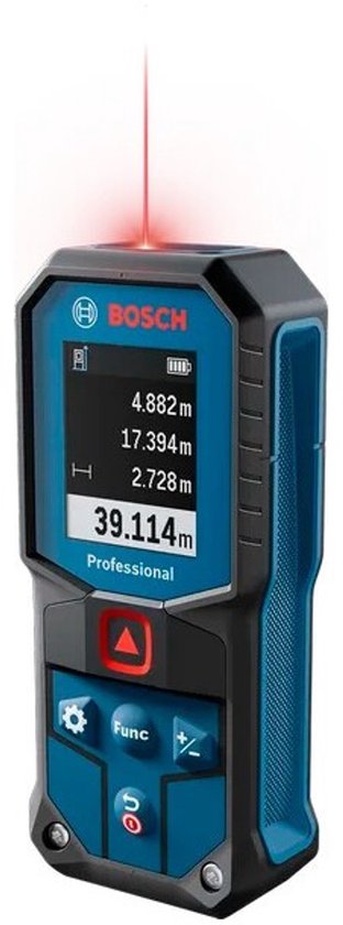 Bosch laserafstandsmeter met rode laserstraal en display "39.114m Professional".
