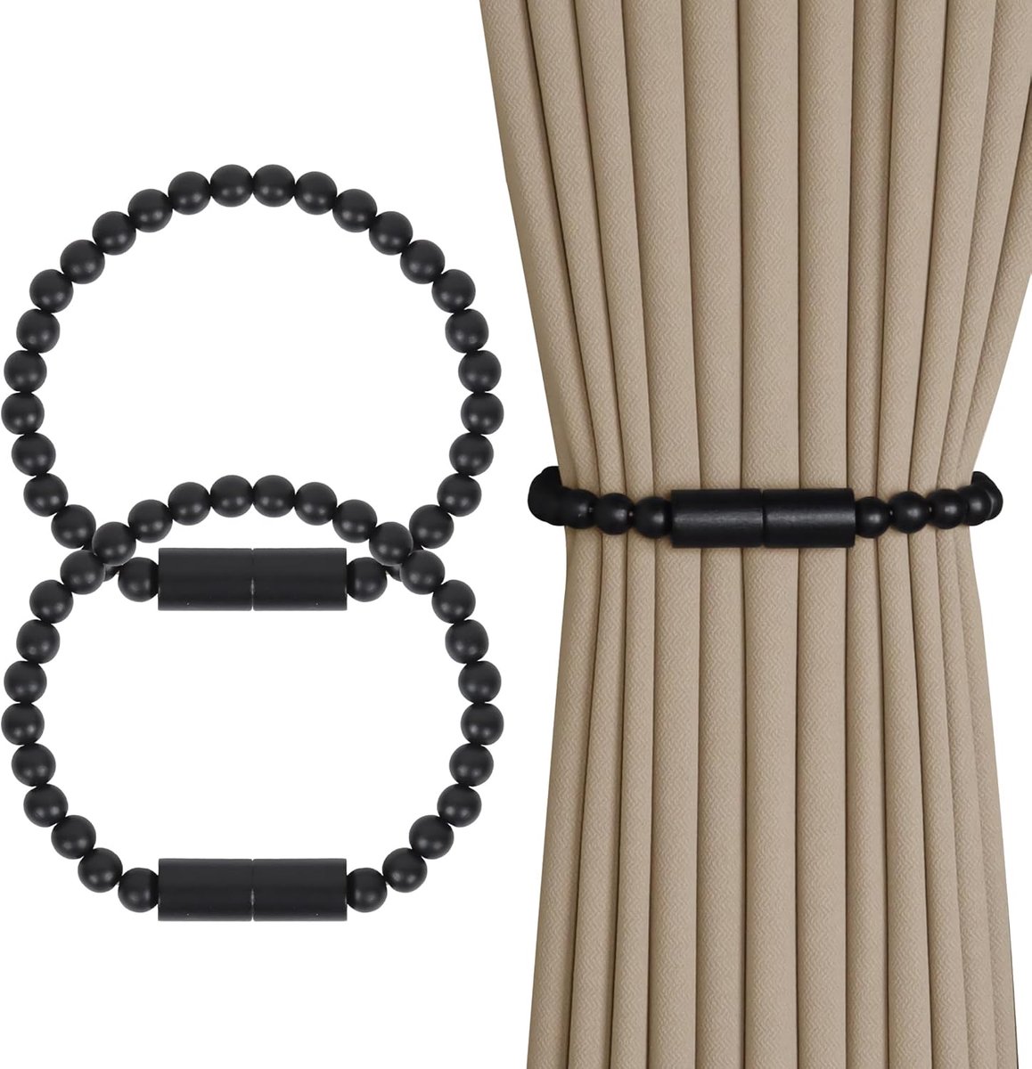 SnelShoppen - Magnetische Gordijn Touwen 2 Stuks, Houten Kralen Gordijnhouders, Boho Tie Backs, Elastische Gordijn Embrasses, Zwart, 46cm