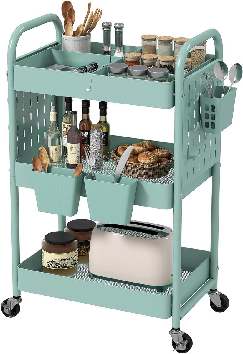 3-laagse metalen trolley met compartimenten en pinplaten, ideaal voor keuken, woonkamer en badkamer, met wielen en haken voor extra opbergruimte