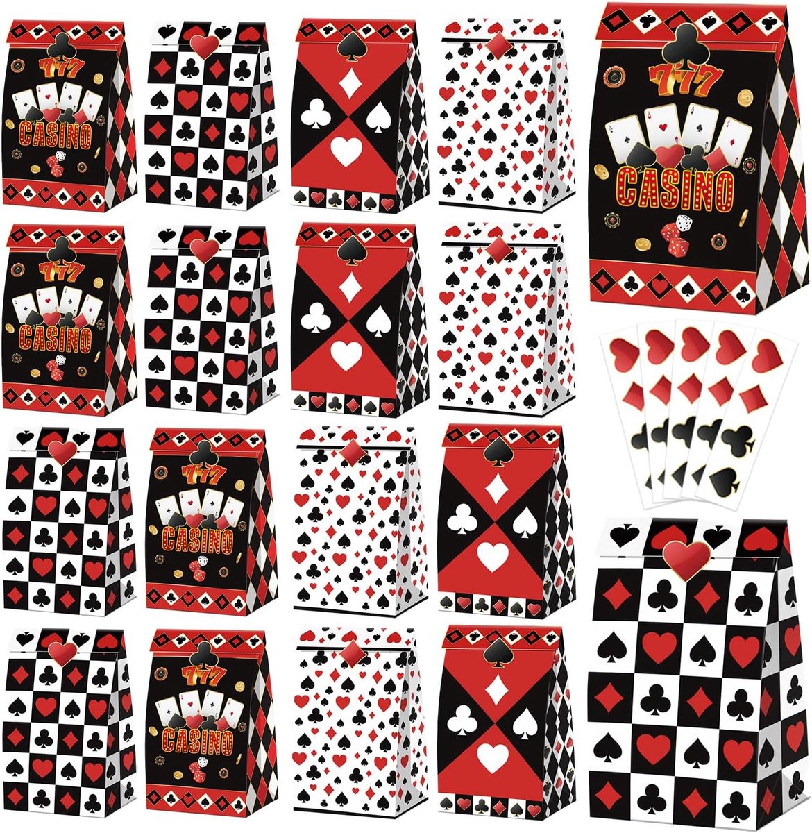 SnelShoppen - 20 Stuks Casino Cadeautassen, Speelkaarten Cadeautassen met Poker Stickers, Las Vegas Casino Cadeaupapier Tassen voor Pokerverjaardagen
