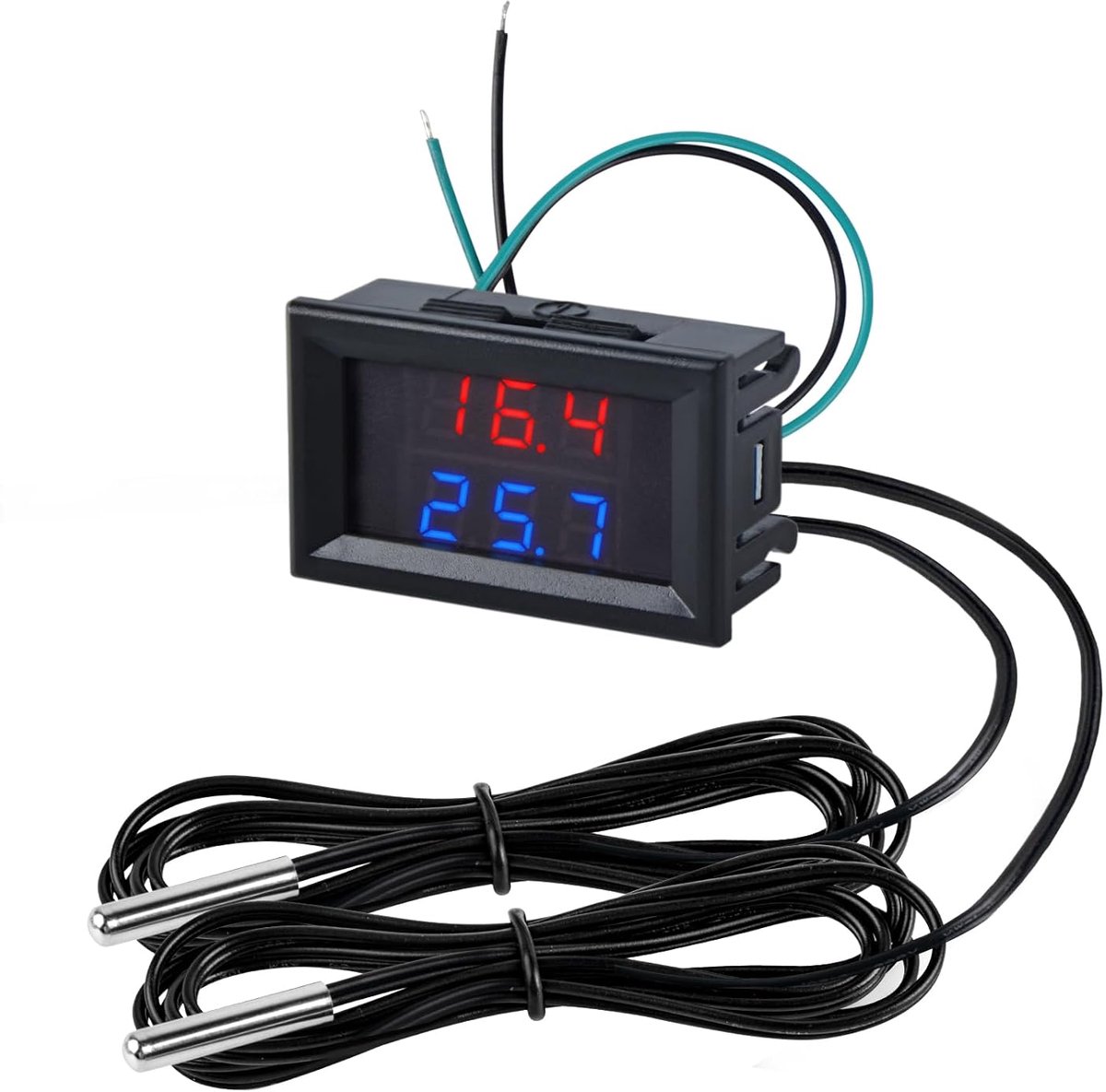 SnelShoppen - Digitale Thermometer met 2 Waterdichte Metalen Probes -55~+120°C LED Dual Display Temperatuurmeter met 2m Kabel voor Keuken, Tuin, Campi