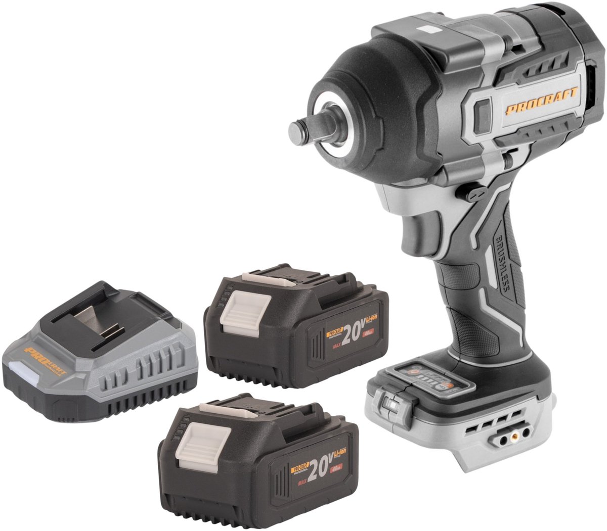 ProCraft Industrial IW850A-BB accu-slagmoersleutel 20 V 850 Nm 1/2" borstelloos + 2x accu 4,0 Ah + oplader
