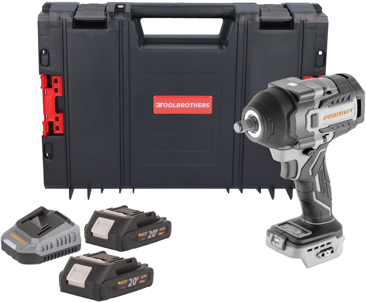 ProCraft Industrial IW850A-BB accu-slagmoersleutel 20 V 850 Nm 1/2" borstelloos + 2x accu 2,0 Ah + oplader + RHINO-gereedschapskoffer