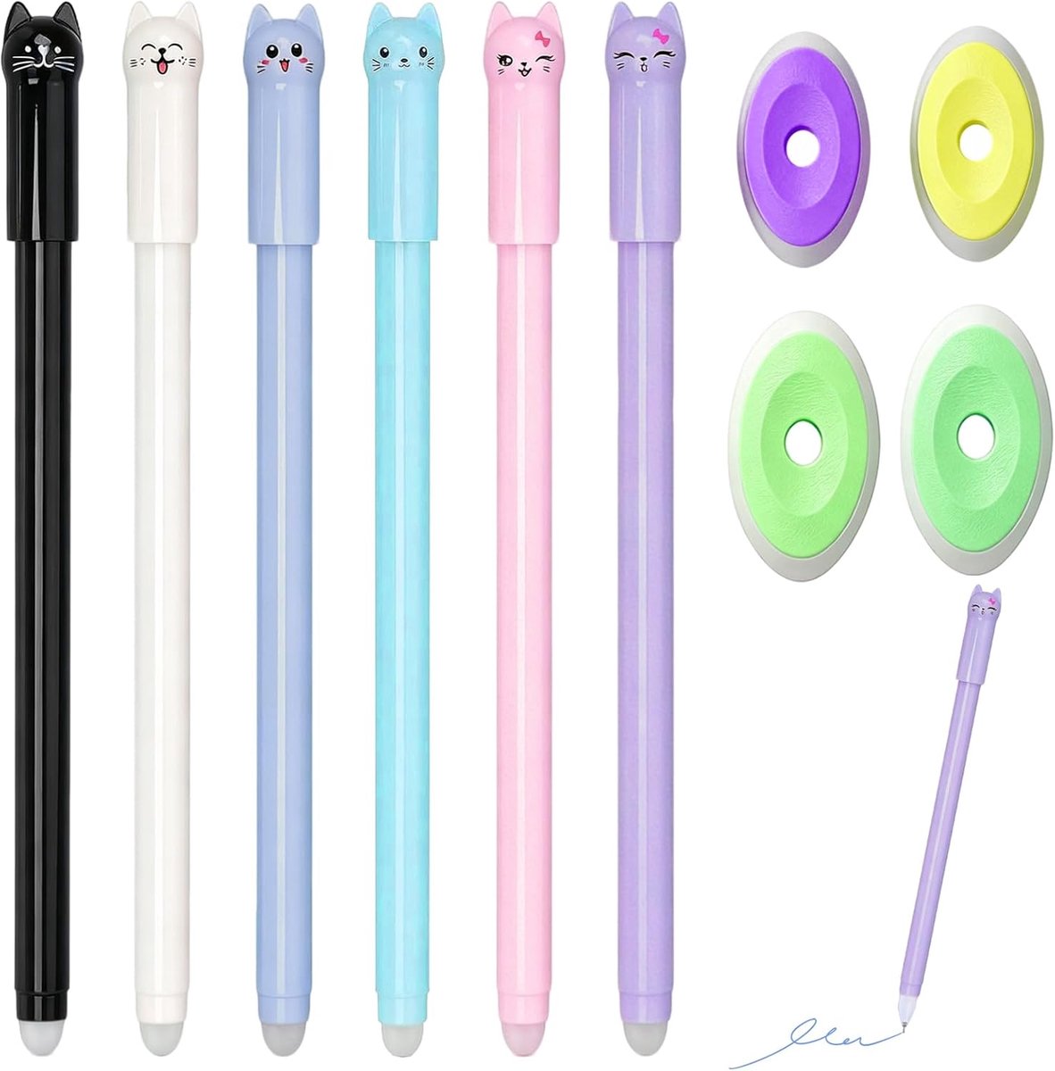 SnelShoppen - 6 Uitwisbare Pennen met Dierenmotieven, Schattige Gelpennen met Gum, 0,5 mm Punt, Perfect voor Tieners en Volwassenen, Blauw, Ideaal voo