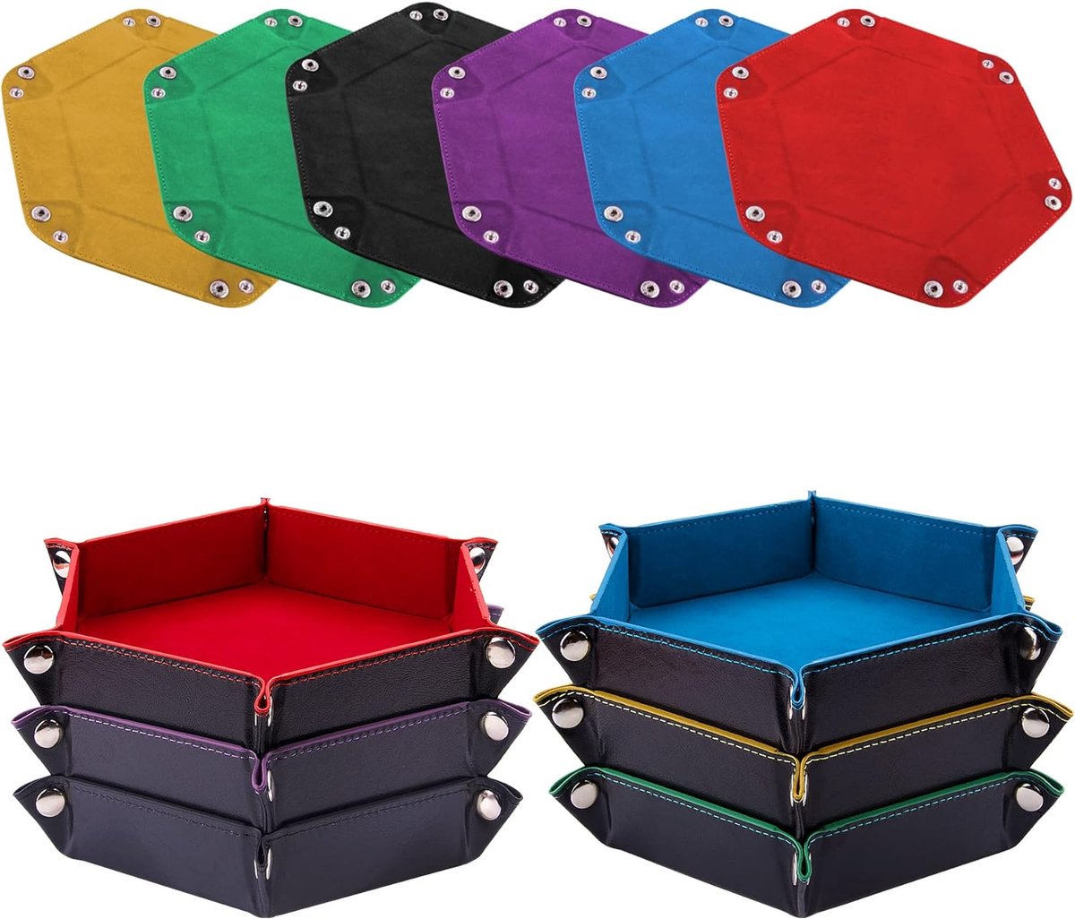 SnelShoppen - 6-delige Dobbelsteen Tray Set van Leer en Velvet voor DND RPG Spellen - Rood, Blauw, Paars, Zwart, Groen en Geel - Ideaal voor Tafelspel