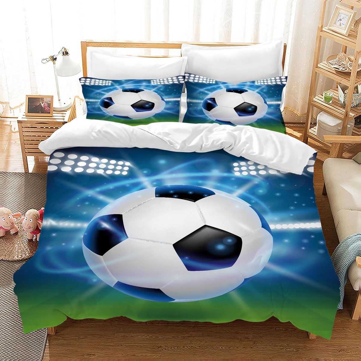 SnelShoppen - Voetbal Bedlinnen Set, Voetbalprint, Kinderbedlinnen, 3-delige Set, Microfiber Bedlinnen, Sport, Beddegoed, Dekbedovertrek met 2 Kussens