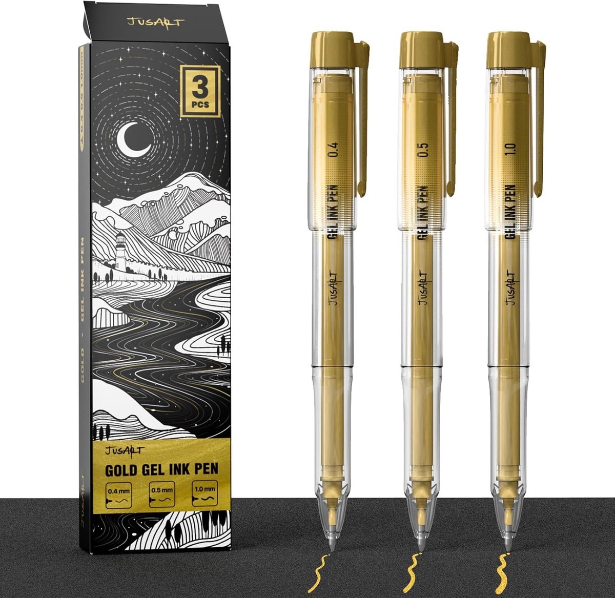 SnelShoppen - Gold Gel Pennen Set van 3 - Opaque Gouden Inkt, Assorted Tips 0.4mm, 0.5mm, 1mm - Perfect voor Journals, Tekeningen, Knutselen op Zwart