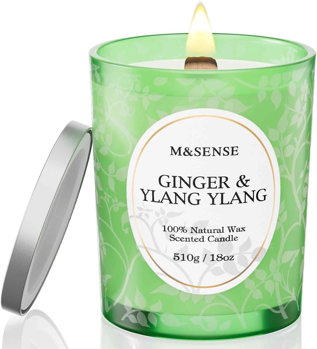 SnelShoppen - Geurkaars met Houten Wicket - Gember Ylang Ylang Geur - 18oz, 100 Uur Brandduur - Natuurlijke Sojawas - Aromatherapie Kaarsen - Cadeau v