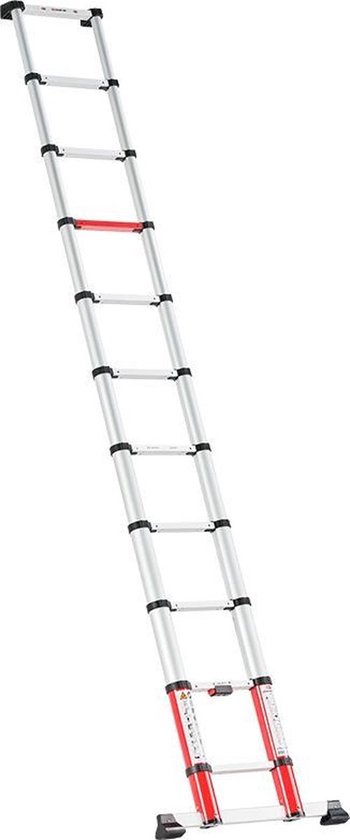 Een Altrex TL Smart Up Go telescopische ladder met 13 sporten, zilverkleurig met rode accenten.