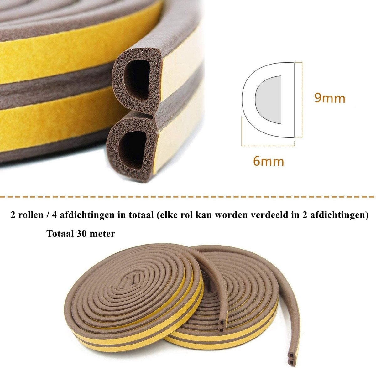 SnelShoppen - 30 m Sealing Tape, 9 mm x 6 mm, Zelfklevende D-Profiel/B-Profiel Rubber Deurrubber, Wind- en Geluidsisolatie voor Deuren en Ramen