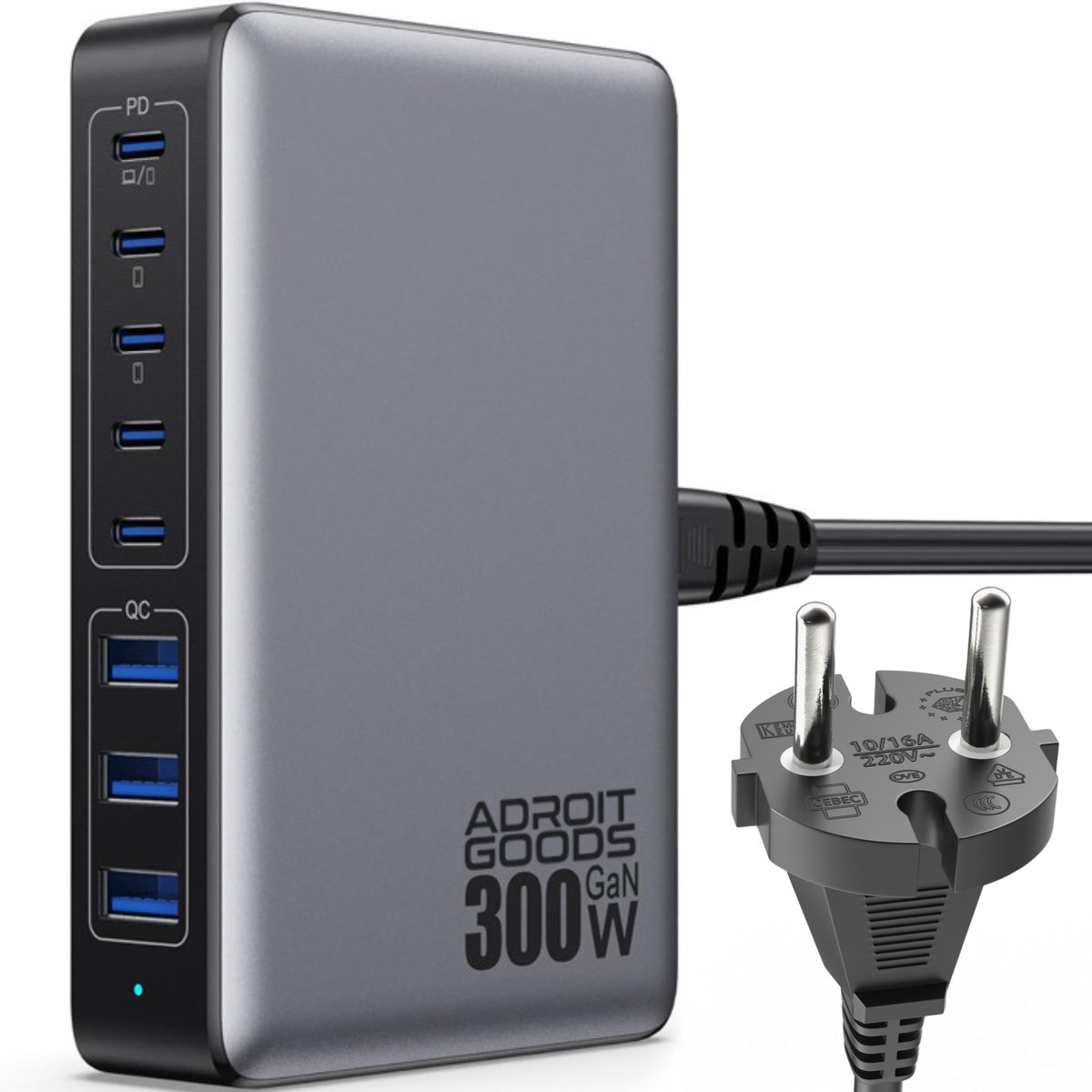 AdroitGoods 300W GaN Snellader USB-C Multiport Laptop Telefoon Tablet Oplader Power Delivery Fast Charge Compact Desktop Charger