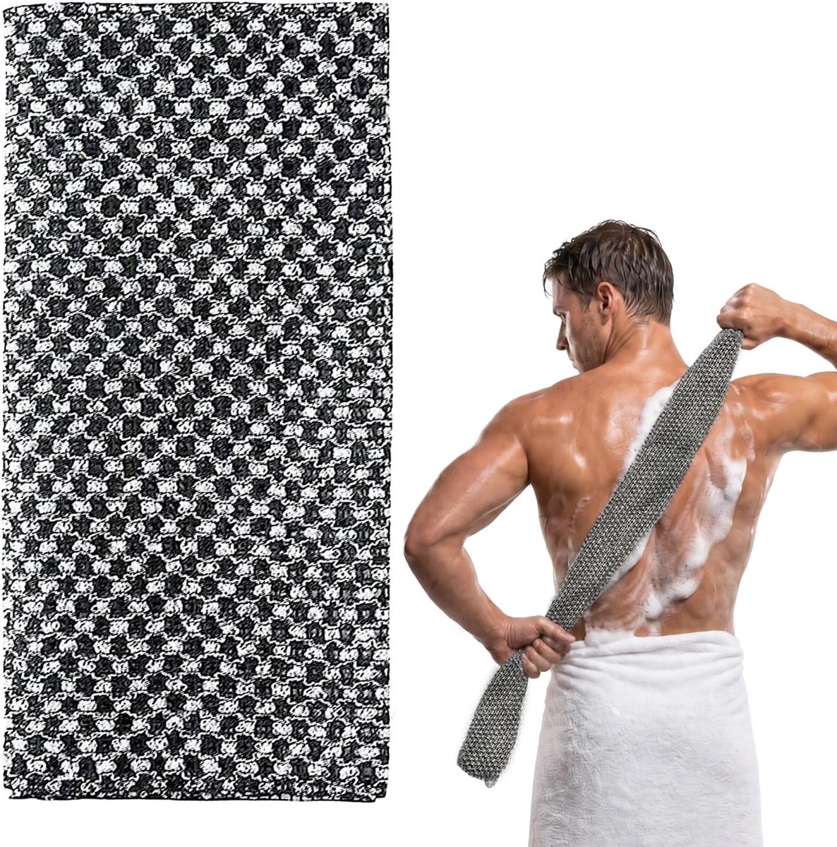 SnelShoppen - Exfoliërende Towel, Extra Lange Japanse Scrub Towel, Lichaamsborstel voor Mannen en Vrouwen, Loofah Exfoliator in Zwart Ruitpatroon