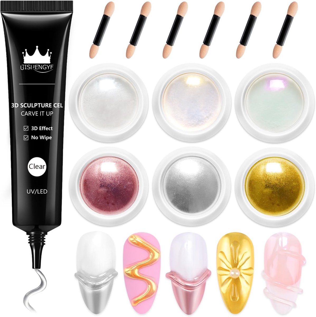 SnelShoppen - Multifunctionele 3D Gel voor Nagels - 15g Gele Gel zonder Wrijven + 6 Stuks Chromepoeder in Zilver/Goud/Parelgoud voor Nail Art Decorati