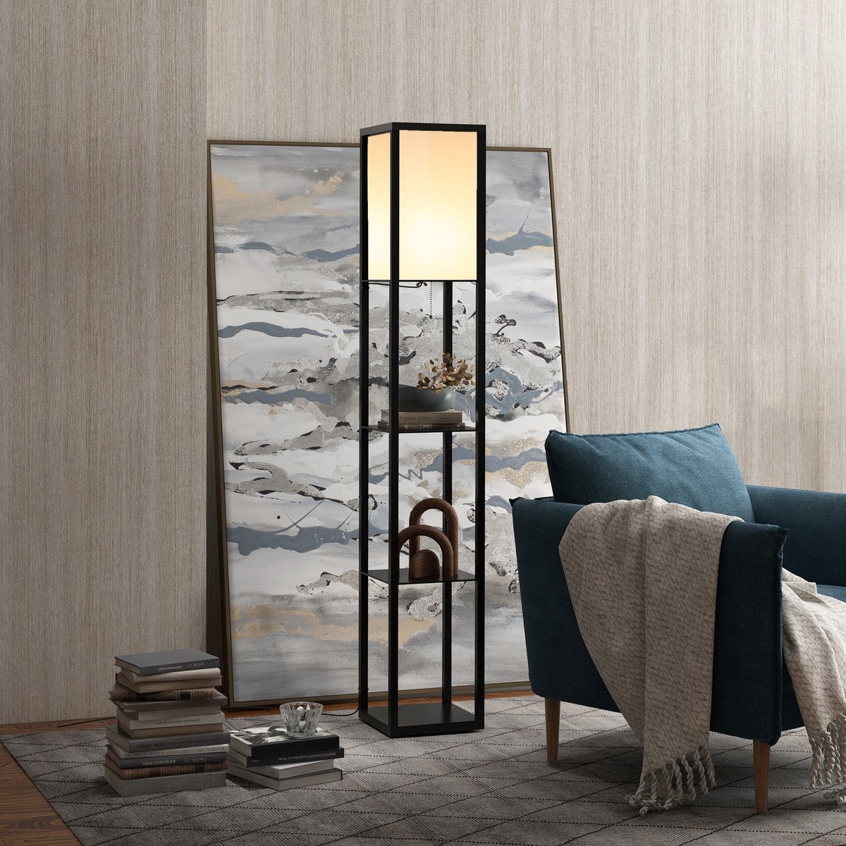COVREO Staande lamp 26x26x160 cm - zwart MDF met 3 open vakken en E27 fitting