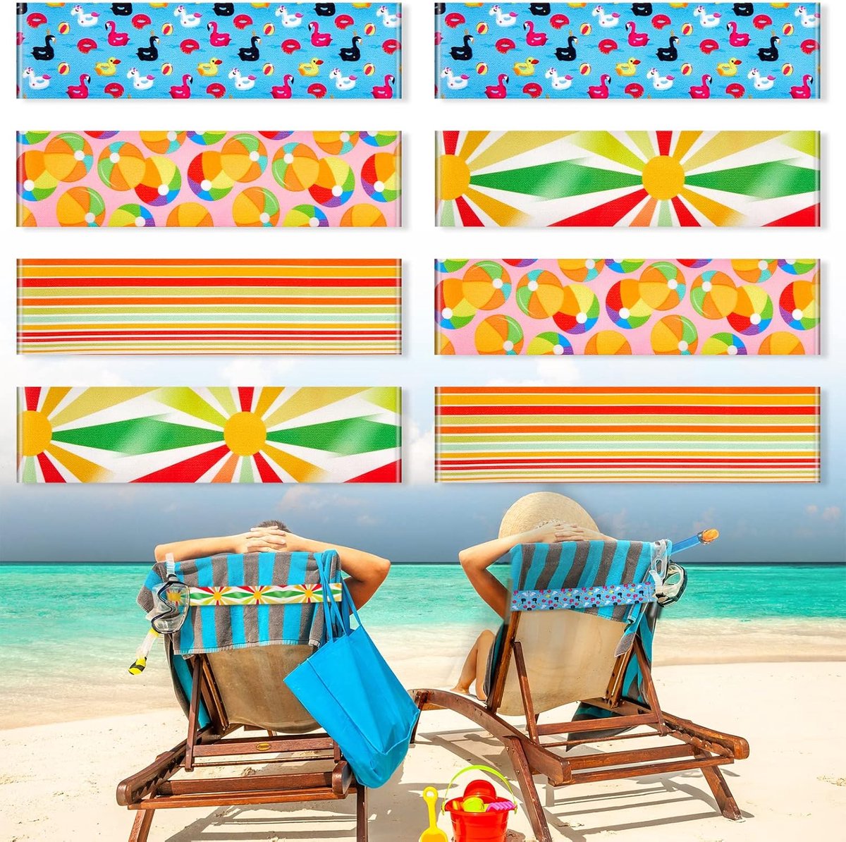 SnelShoppen - Pack van 8 Strandstoel Handdoek Clips - Elastische Handdoekhouders voor Zonnebedden - Winddichte Touwtjes voor Pool, Zomer - Regenboog S