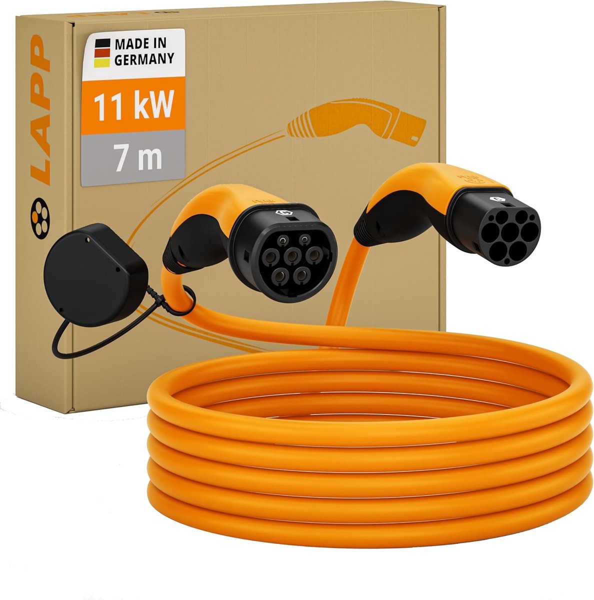 SnelShoppen - EV Oplaadkabel Type 2, 11 kW, 7 meter, Oranje, Mobiele Laadkabel voor Thuis en Openbare Laadpunten, Ergonomische Handgreep, 3-fase, Tot