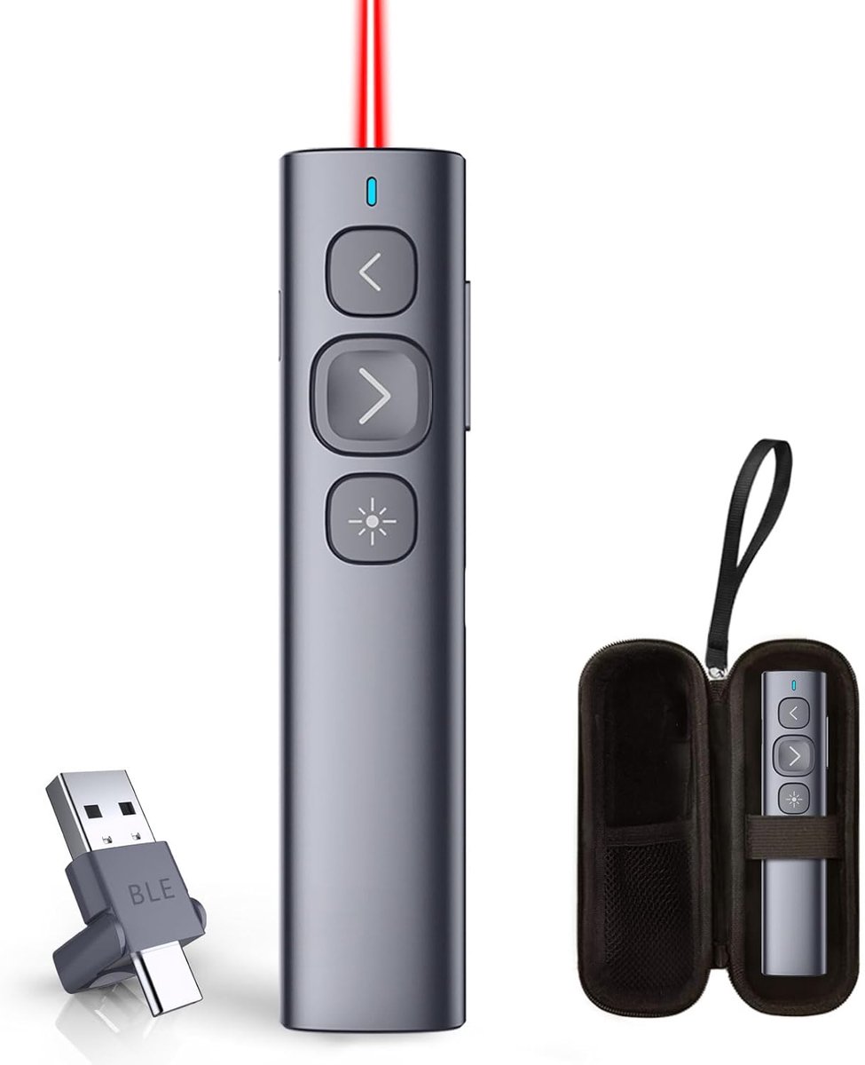 SnelShoppen - Draadloze Presentatie Clicker N95 met USB-C en USB-A Ontvanger, Oplaadbare PowerPoint Remote, Lange Bereik, Geschikt voor Laptop, iPad,