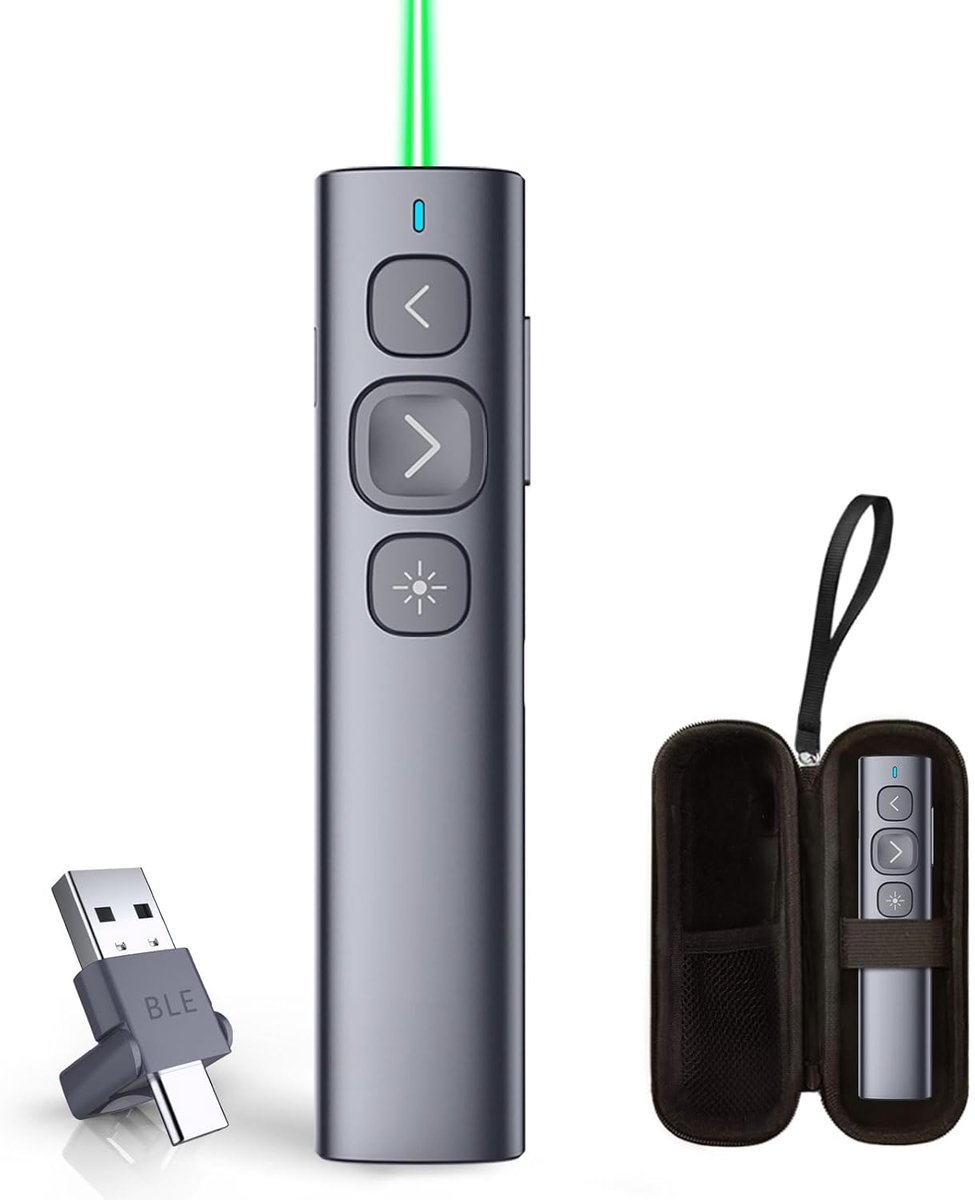 SnelShoppen - Draadloze Presentatie Clicker N95 met USB A&C Ontvanger, Oplaadbare PowerPoint Remote, Lange Bereik Presenter voor Tablet/Laptop (Groen,