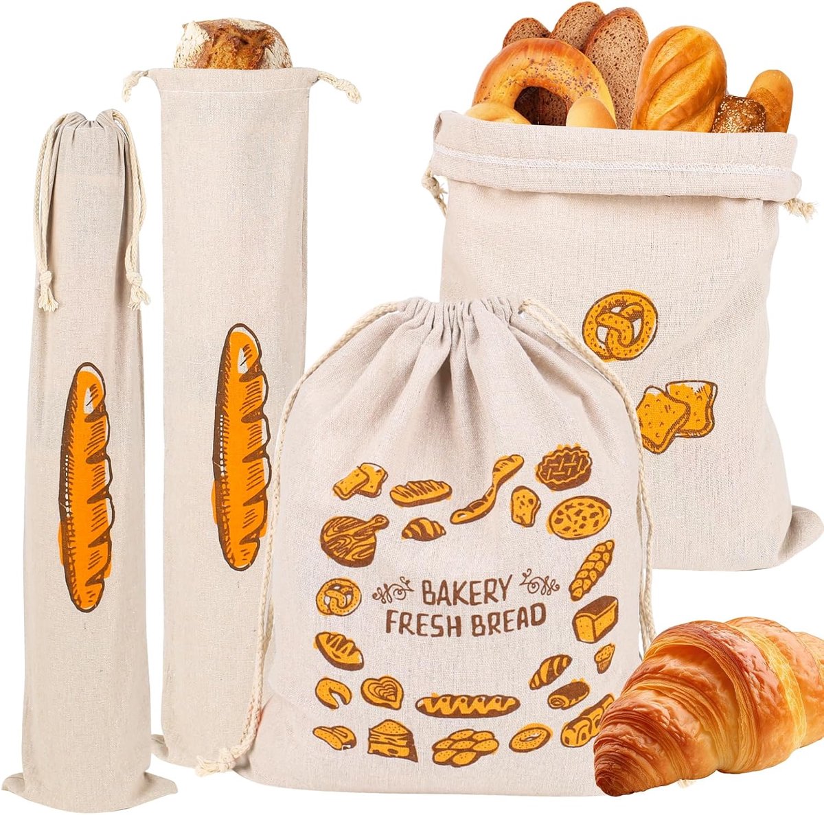 SnelShoppen - Set van 4 Herbruikbare Linnen Broodzakken met Trekkoord (37 x 30 cm & 61 x 16 cm) voor Brood, Baguettes, Fruit en Groenten