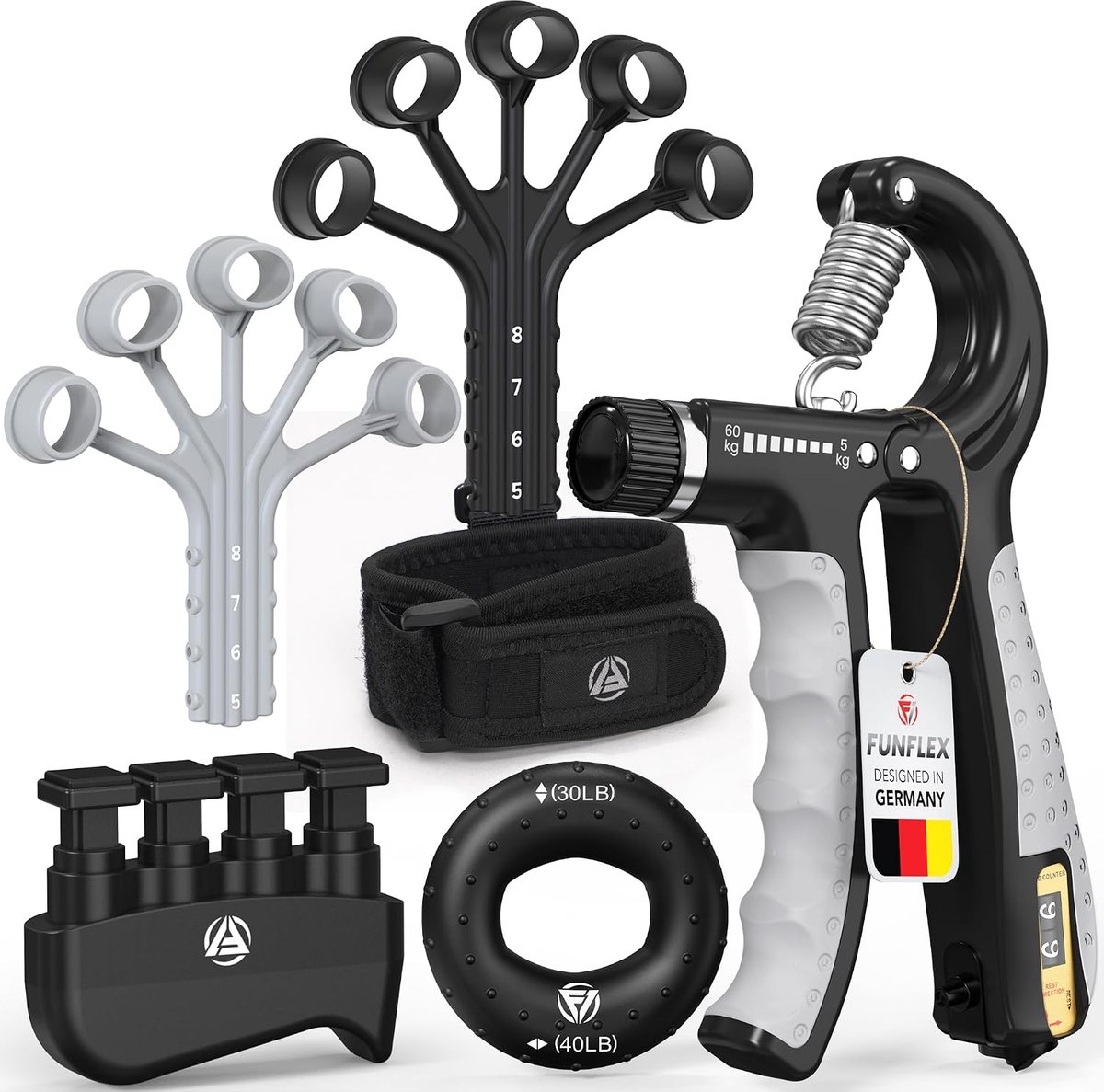 SnelShoppen - FUNFLEX Hand Finger Trainer Set - Verstelbare Grip Trainer met Teller, Finger Expander, Grip Ring, Polsband en Trainingsaccessoires voor