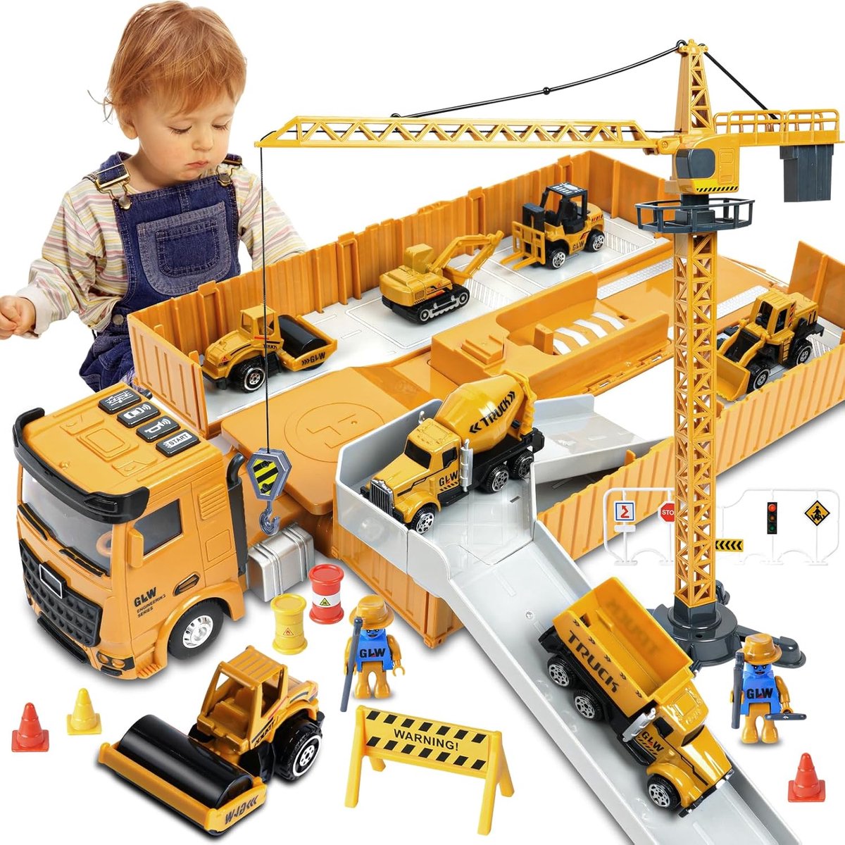 SnelShoppen - Bouwvoertuigen Speelgoed Set voor Kinderen 3-8 Jaar, Realistisch, Geel, Inclusief Dumptruck, Graafmachine, Cementwagen, Vrachtwagen en M
