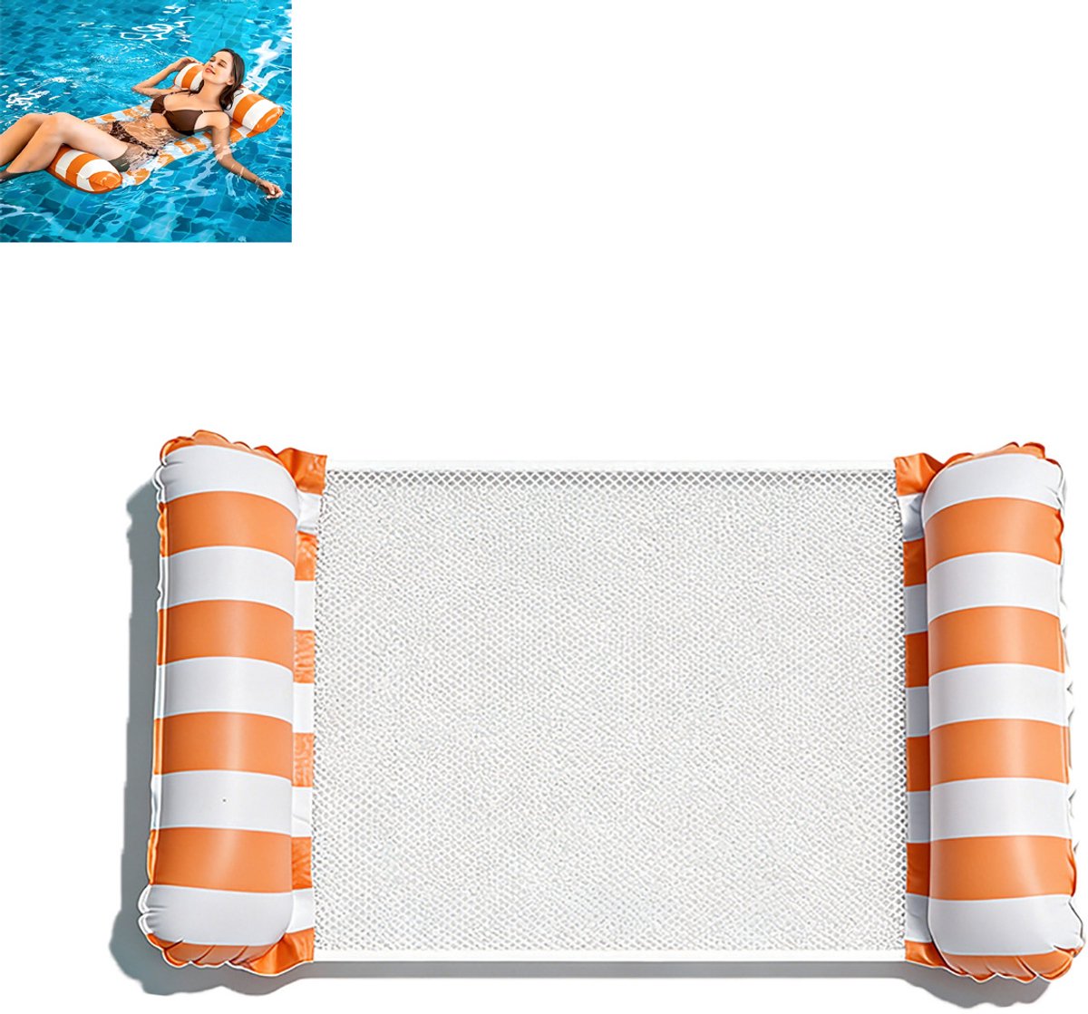 Waterhangmat - Drijvend Luchtbed - Zwembad Float - Comfortabele drijvende stoel met mesh midden en opblaasbare buizen, 4-in-1 functie met hoofdsteun - PVC - 120x105 cm - Voor Zwembad En Tuinfeest - Oranje