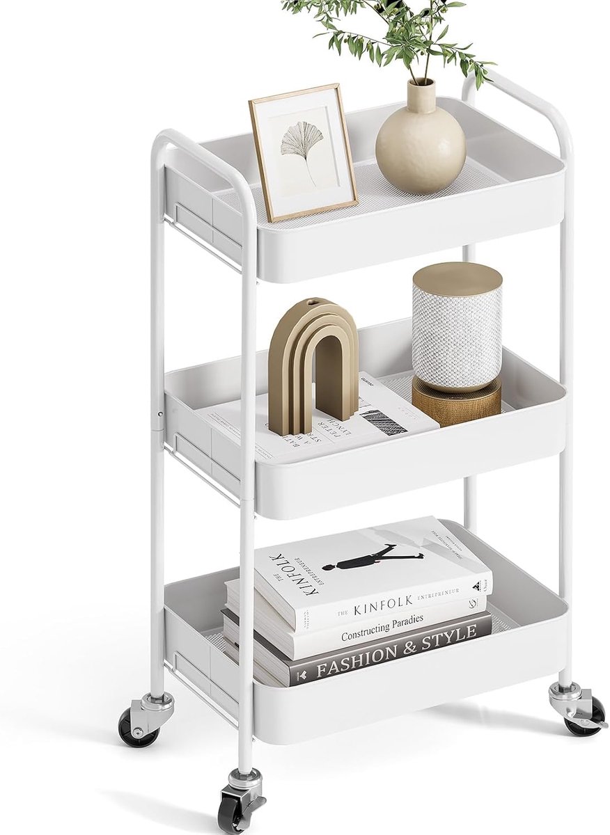 SnelShoppen - Keuken Trolley met 3 Niveaus, Multifunctionele Metaal Servicetrolley met Wielen en Handvatten, Ideaal voor Keuken, Badkamer, Kantoor en