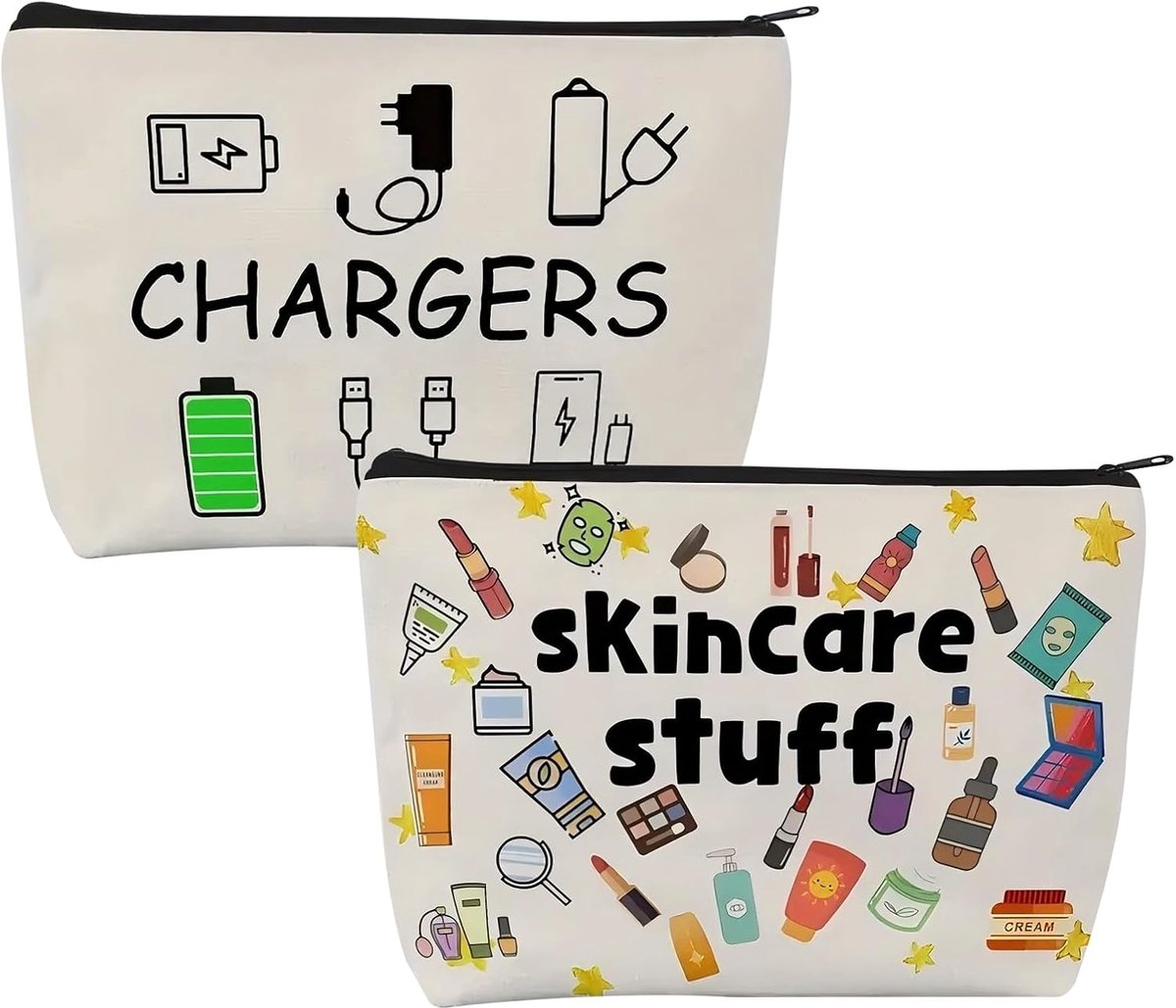 Thijox - Reismake-uptas en Oplader-Organizertas Set van 2 Canvas Zakken met Ritssluiting voor Reisaccessoires, Draagbare Make-uptas en Kabelopberger v