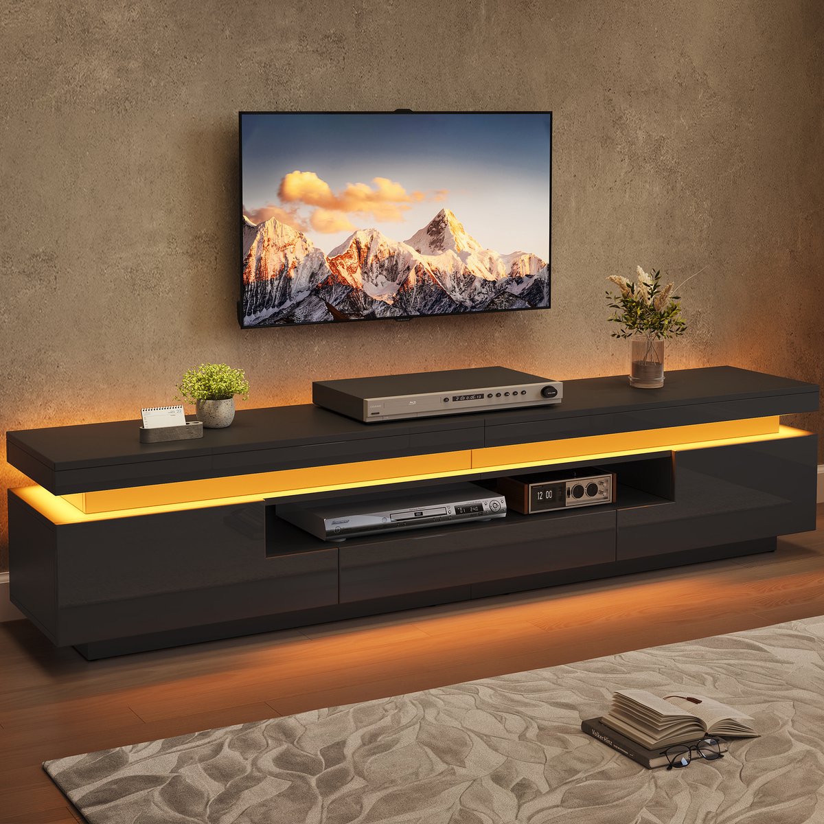 Clruro Tv-meubel - 175 × 38 × 45 cm - met App-LED - met 1 Laden - Spaanplaat - Zwart