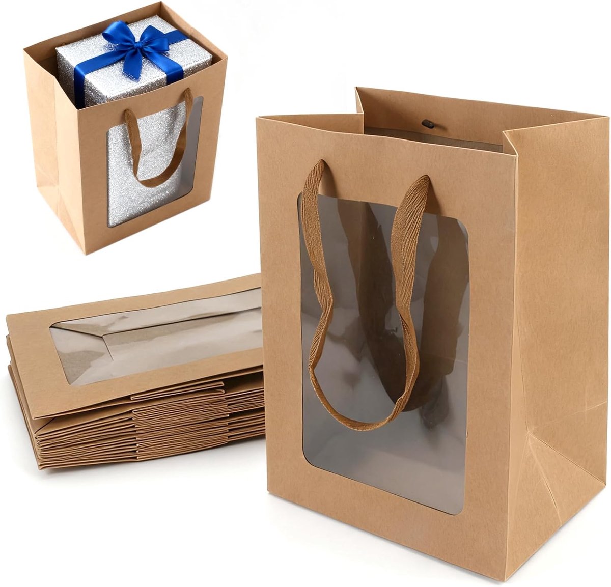 SnelShoppen - Pack van 10 Bruine Kraft Papier Cadeauzakjes met Raam 25x18x13 cm - Duurzame Cadeauzakken voor Verjaardag, Bruiloft en Feestverpakking