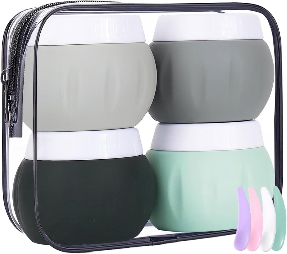 SnelShoppen - 50ml Silicone Travel Container Jars (4 Stuks) met Spatula en Duidelijke Opbergtas, Levensbestendige Reisaccessoires voor Cosmetica, Crèm