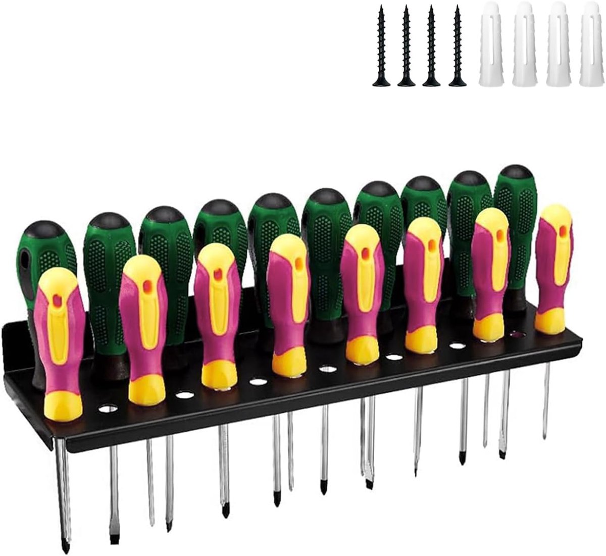 SnelShoppen - Tool Holder voor Wand, 25 Gaten, Carbon Staal, Zwart Schroevendraaier Houder met Schroeven en Uitbreiding Tubes, Ideaal voor Garage en W