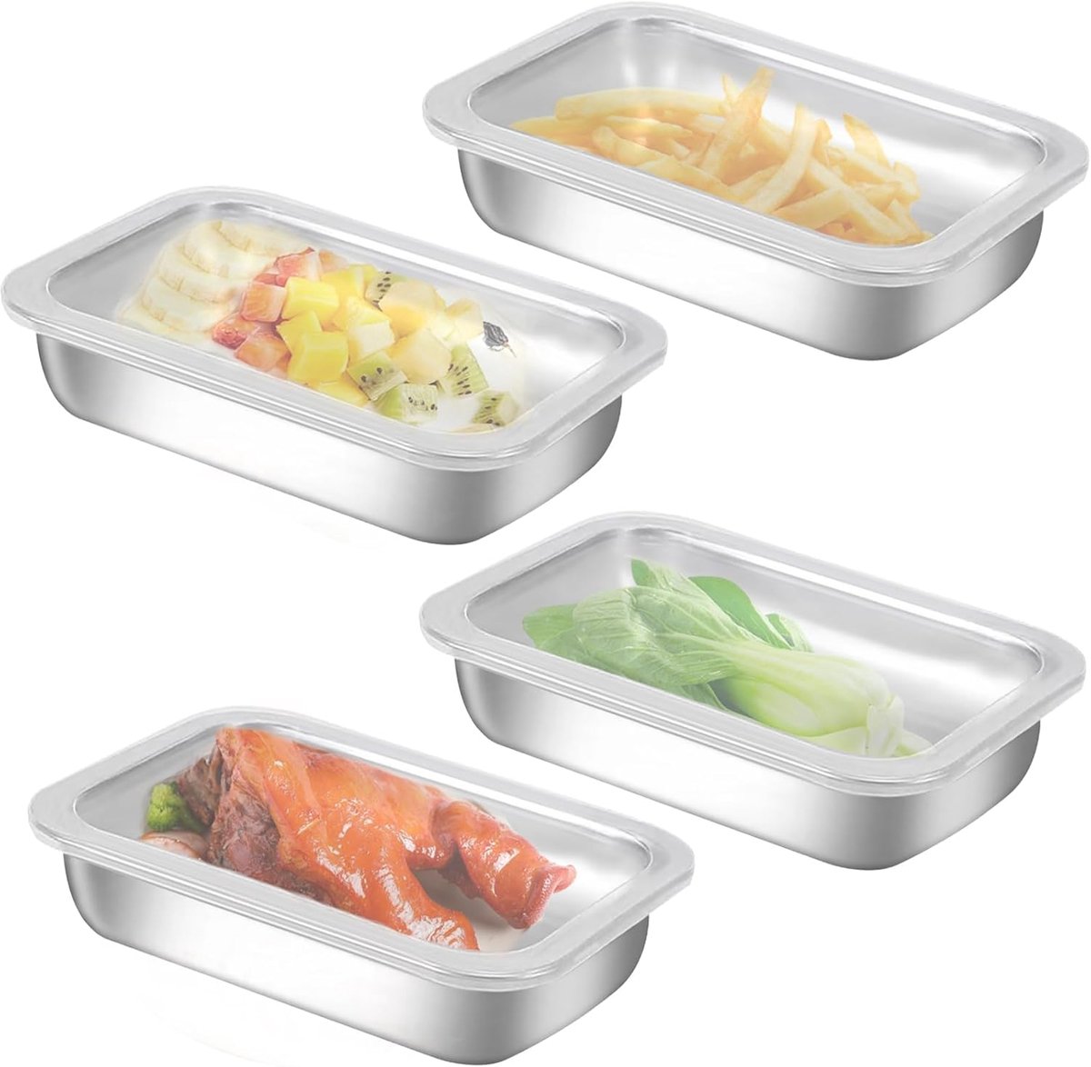 Thijox - Set van 4 Stapelbare Vleeswarendos, Roestvrijstalen Boxen voor Worstvleeswaren en Kaasvlees met Transparant Deksel, Ideaal voor Keuken, Feest