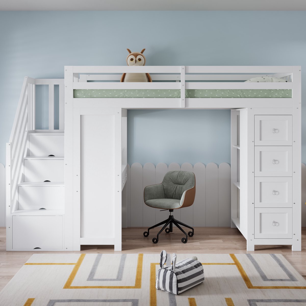 Hoogslaper 90x200 cm - Kinderbed Met Bureau, Lades En Opbergruimte - Met Uitvalbeveiliging - Zonder Matras - Hout MDF Spaanplaat - Wit