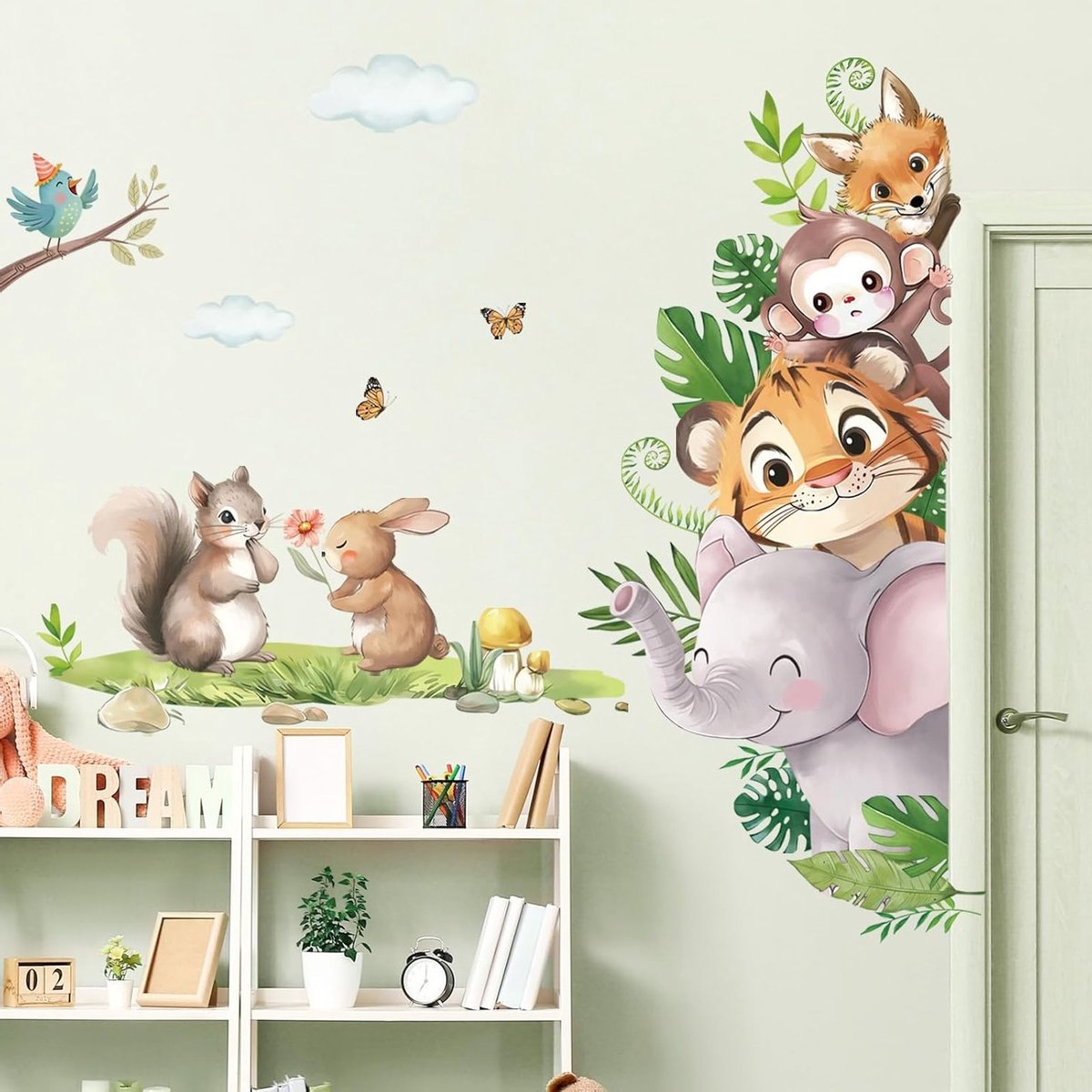 Jungle Dieren Muurstickers voor Kinderen, Olifant, Aap, Vos en Tijger voor Kinderkamer en Speelruimte Decoratie