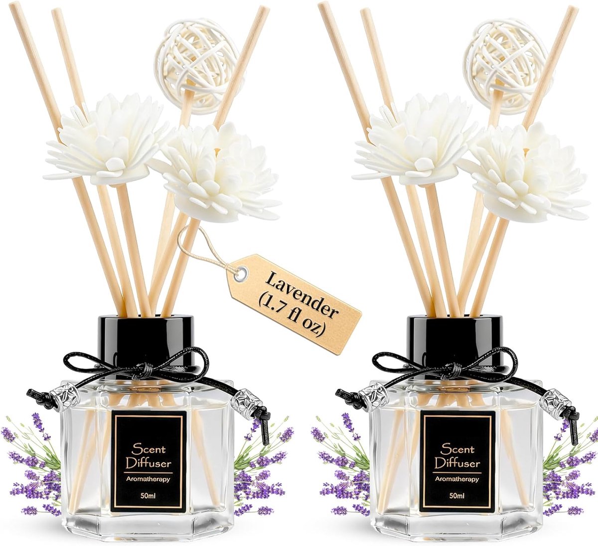 Thijox - 2-delige Lavendel Riet Diffuser Set 50 ml met 6 Geursticks - Kalmerende Essentiële Olie Diffuser voor Slaapkamer & Badkamer - Natuurlijke Nie