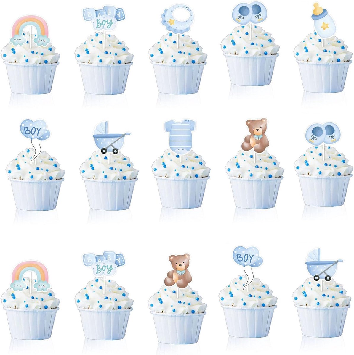 SnelShoppen - Baby Shower Taart Decoratie Jongens - 18 Stuks Cupcake Toppers, Jongens Versiering, Gender Reveal Feest, Muffin Blauw, Babyshower, Verja