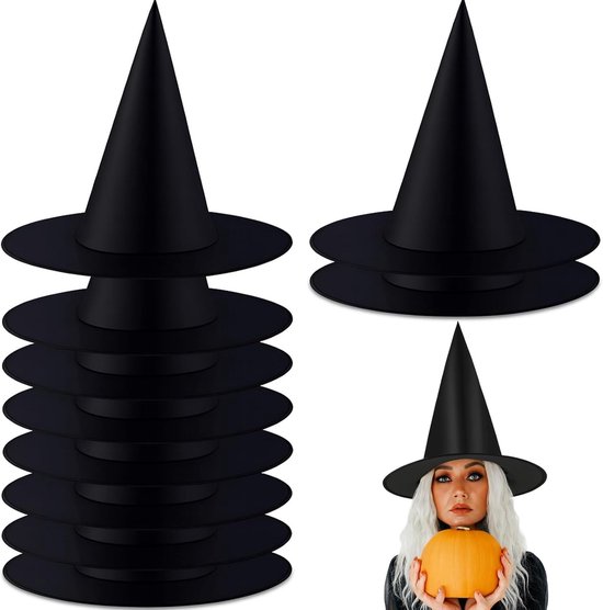 Thijox - 10 stuks heksenhoeden voor dames en kinderen, zwarte heksenhoed, tovenaarshoed, Halloween decoratie, heksen accessoires voor kostuums, feest