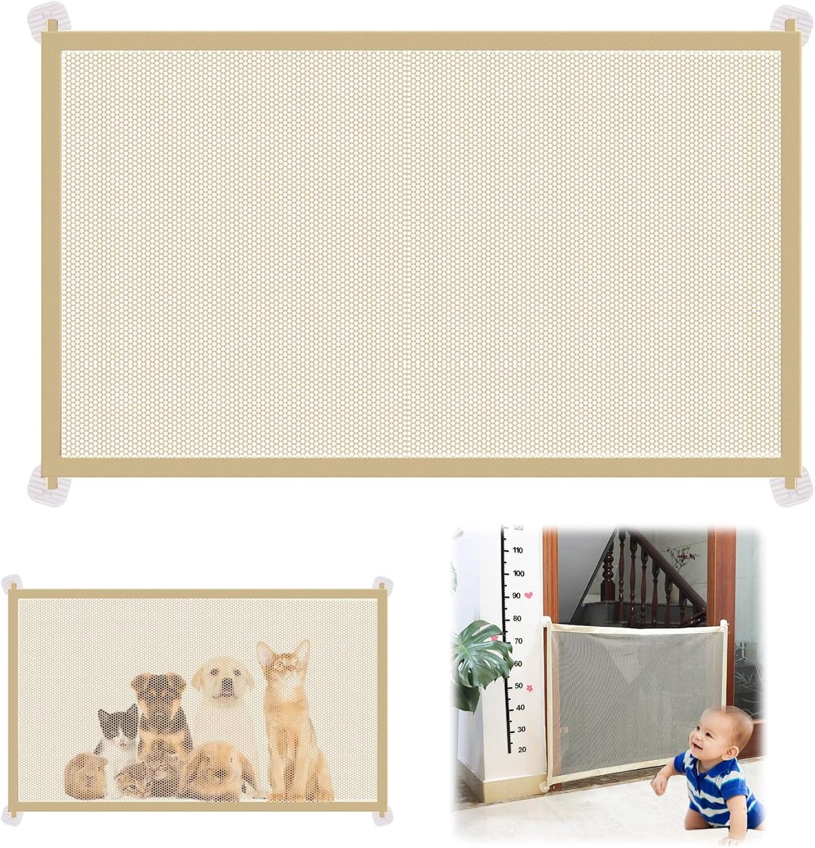 SnelShoppen - Dog Gate, Hondenbarrière, Kindertredehek, Geen Boren, Dierenhek, Kattenhek, 110 x 72 cm, Beige, Voor Binnen en Buiten