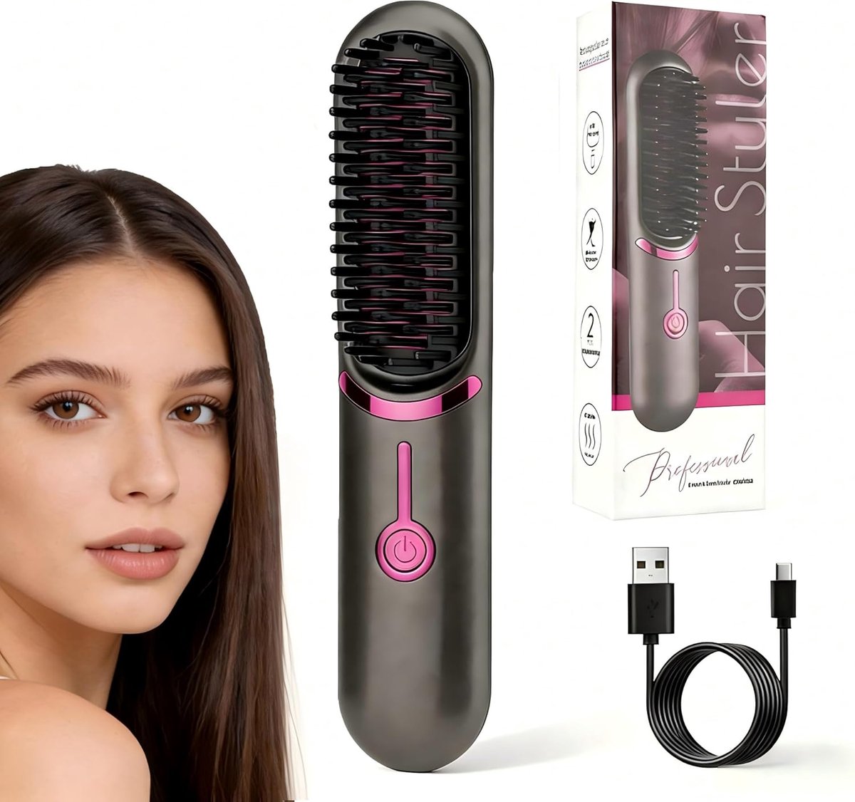 SnelShoppen - Haarstijlborstel met 3 Temperatuurinstellingen, Professionele Keramische Haarsteiler, Ionen Haarstraightener voor Krullend en Frizz Haar