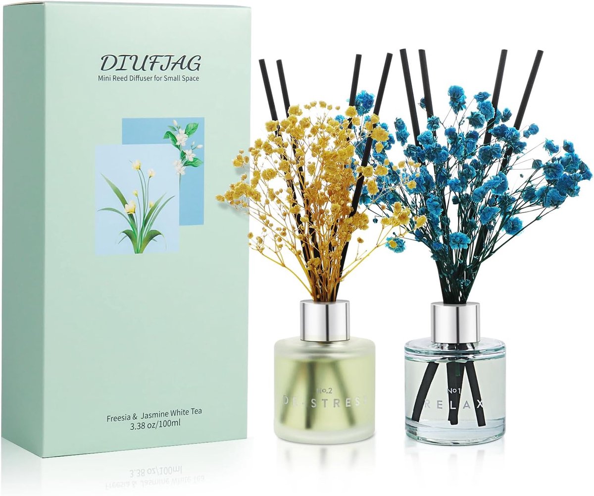 SnelShoppen - Freesia Jasmine White Tea Geurstokjes Set 100ml - Drogen Bloemen Aroma Diffuser voor Badkamer of Kleine Ruimte - Tot 60 Dagen Geur