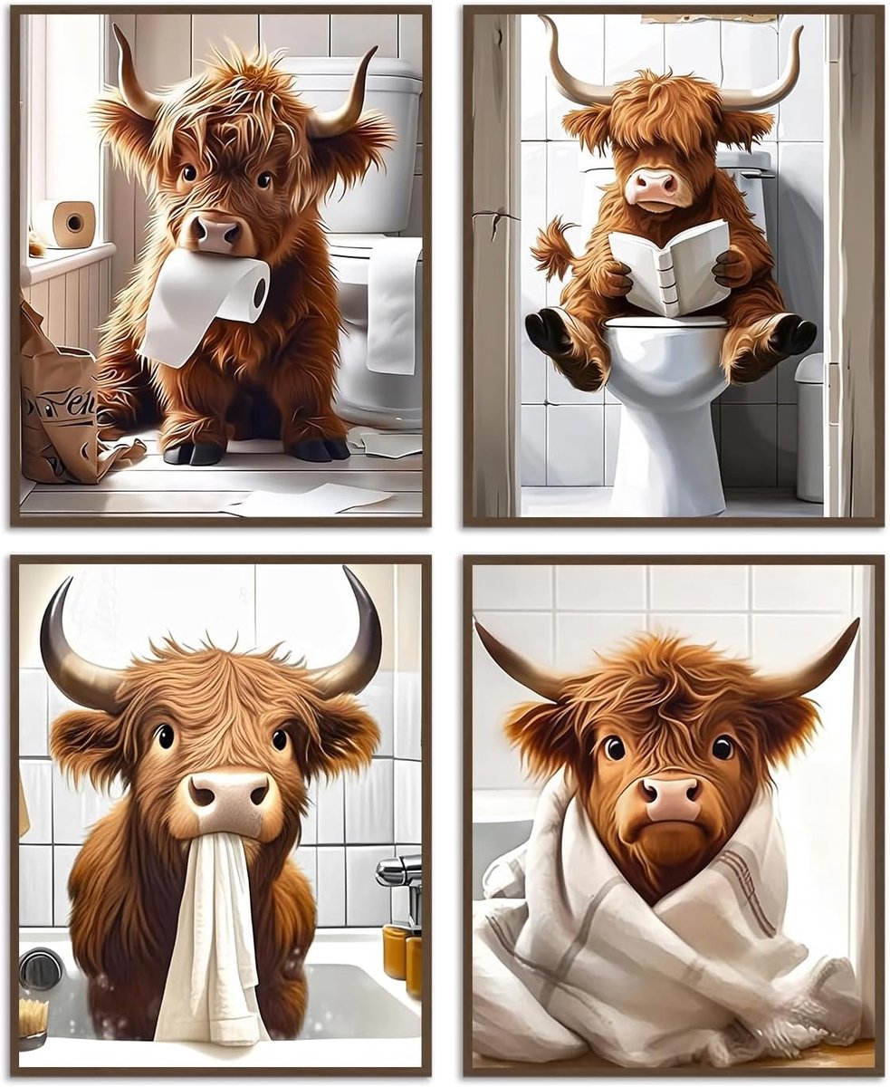 SnelShoppen - 4Pcs Grappige Hoogland Koe Wanddecoratie, Canvas Posters 20x25cm, Ongefinancierd, Rustic Koeienkunst voor Badkamer Toilet Decoratie