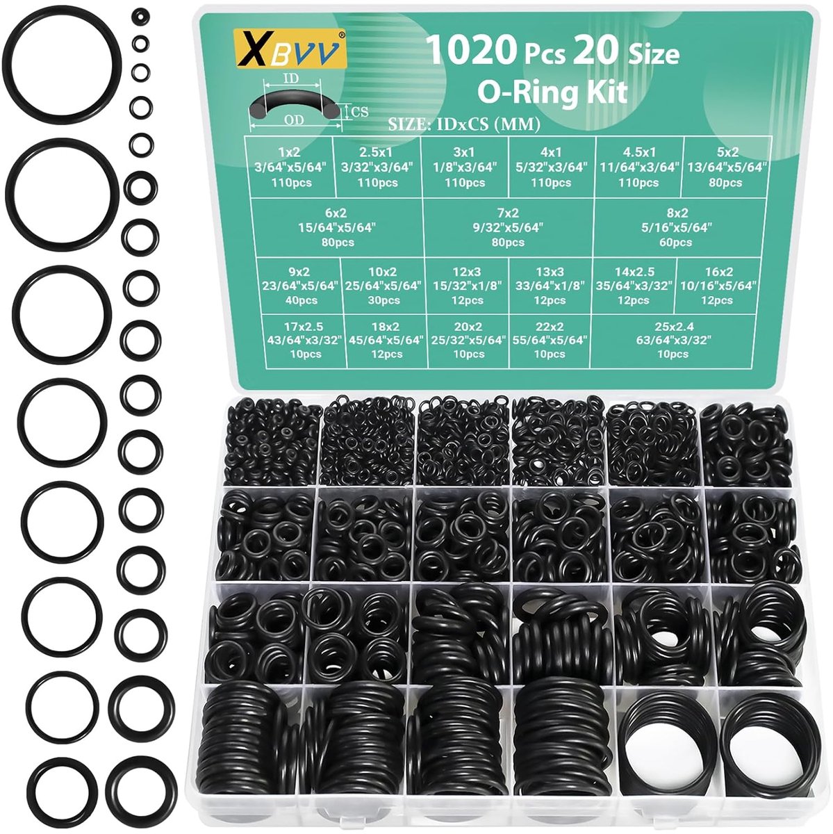 SnelShoppen - 1020 Pcs O-Ring Set, 20 Maten, Nitrile Rubber O-Ringen Assortiment voor Auto, Voertuig, Reparatie, Kraan, Sanitair, Lucht en Gas, Hoge T