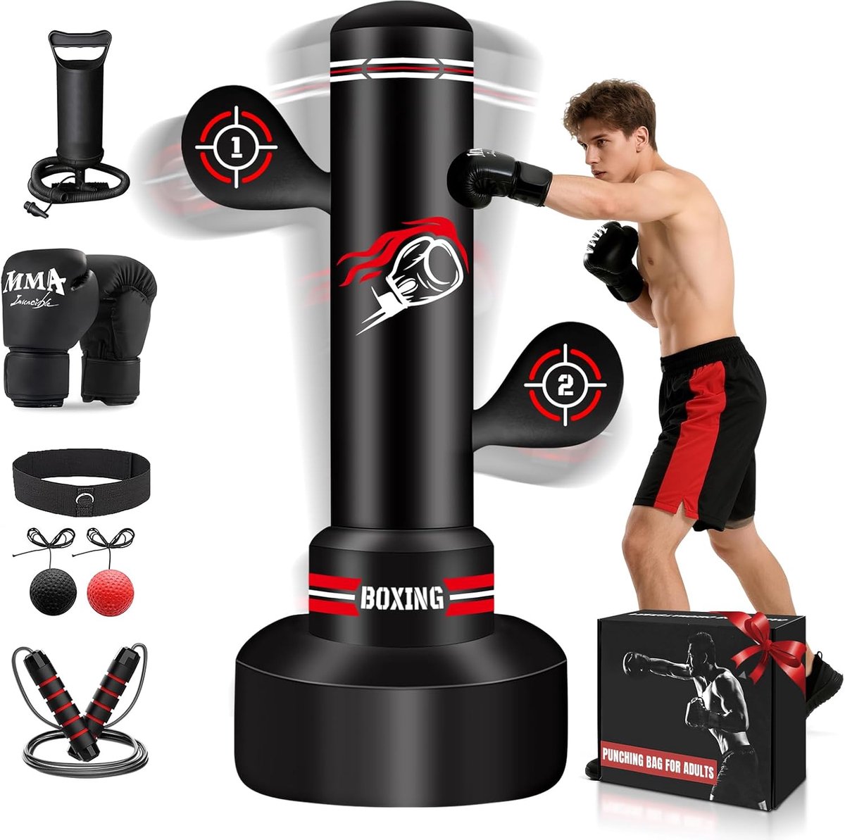 SnelShoppen - Upgraded Vrijstaande Punching Bag 70 Inch met Bokshandschoenen, Pomp, Springtouw en Reflexbal - Inflatable Trainingsapparaat voor MMA Fi