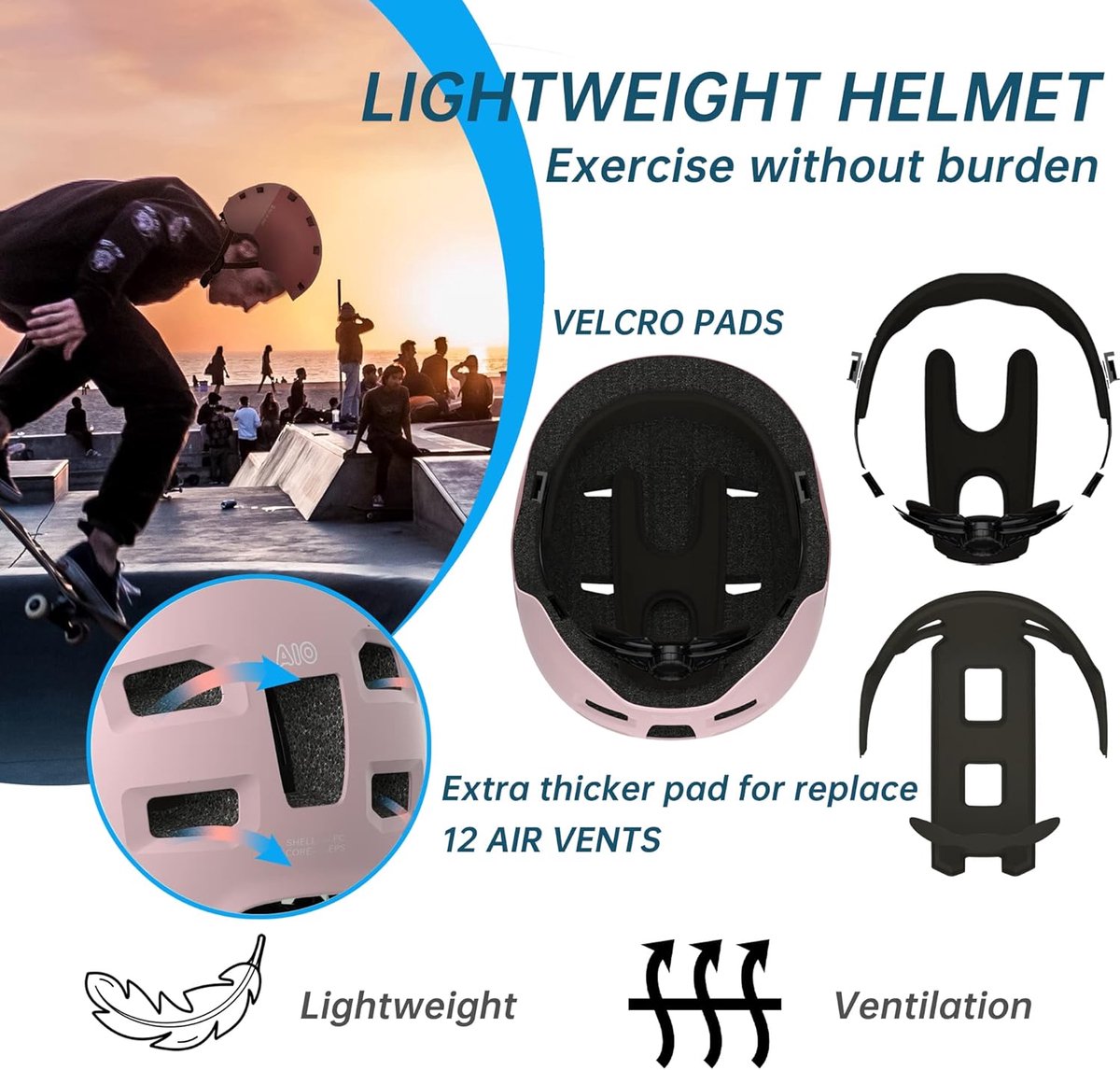 SnelShoppen - Skater Helm, Fietshelm Ultra Licht, Stadhelm voor Kinderen, Vrouwen, Mannen, Verstelbaar Unisex voor Skateboard, E-Scooter, Scooter, BMX