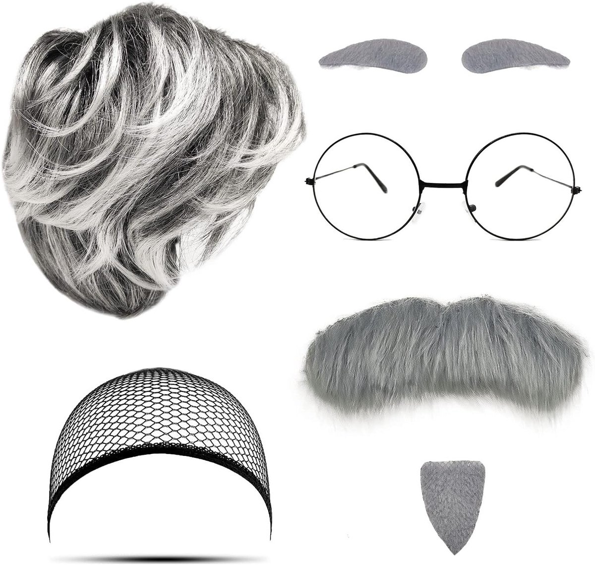 7-delig Kostuumset voor Grootvader, inclusief Accessoires zoals Grijze Baard, Peruk en Goggles voor Cosplay, Halloween en Feestjes