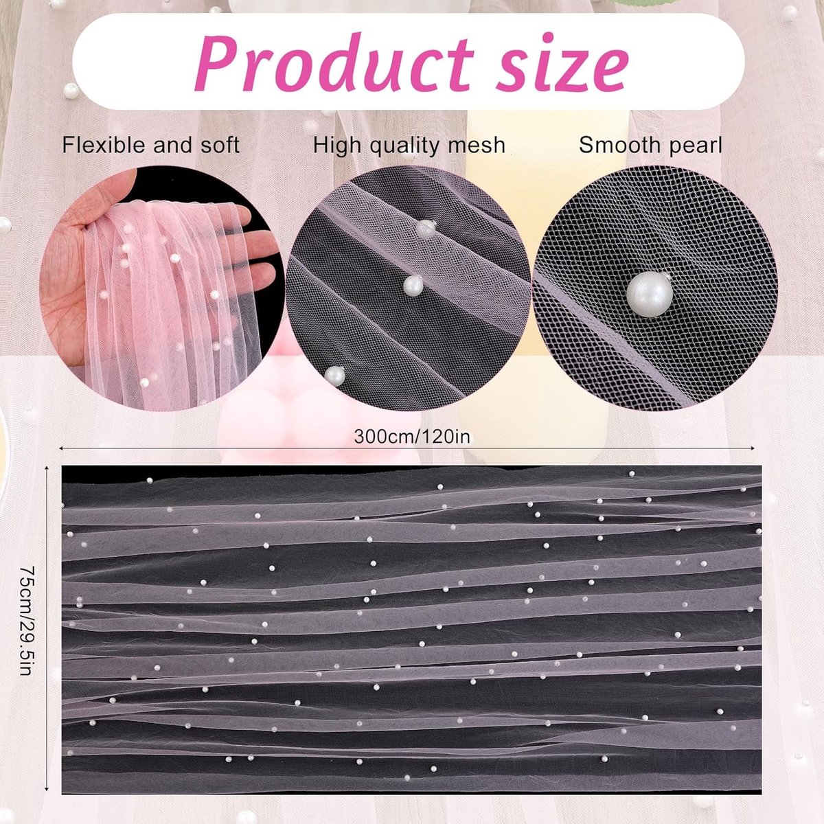 SnelShoppen - Tulle Pearl Tafelkleed Roze 3m voor Bruiloft, Babyshower, Verjaardag, Elegant Tafeldecoratie, Herbruikbaar, 75x305cm
