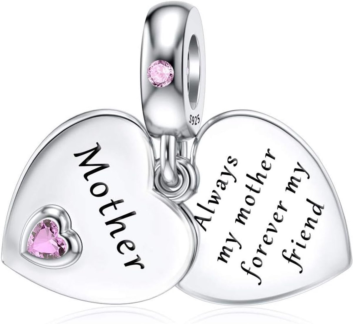 Fler® | Bedel | Past op populaire bedelarmbanden (standaard - 3mm) | Dubbel Hart Bedel | Mother | Moeder | Hangbedel Charm| 925 sterling zilver| Roze Zirkonia | Valentijnsdag Cadeau | Sinterklaas kado | Kerstcadeau | Verjaardagsgeschenk | Vriendschap