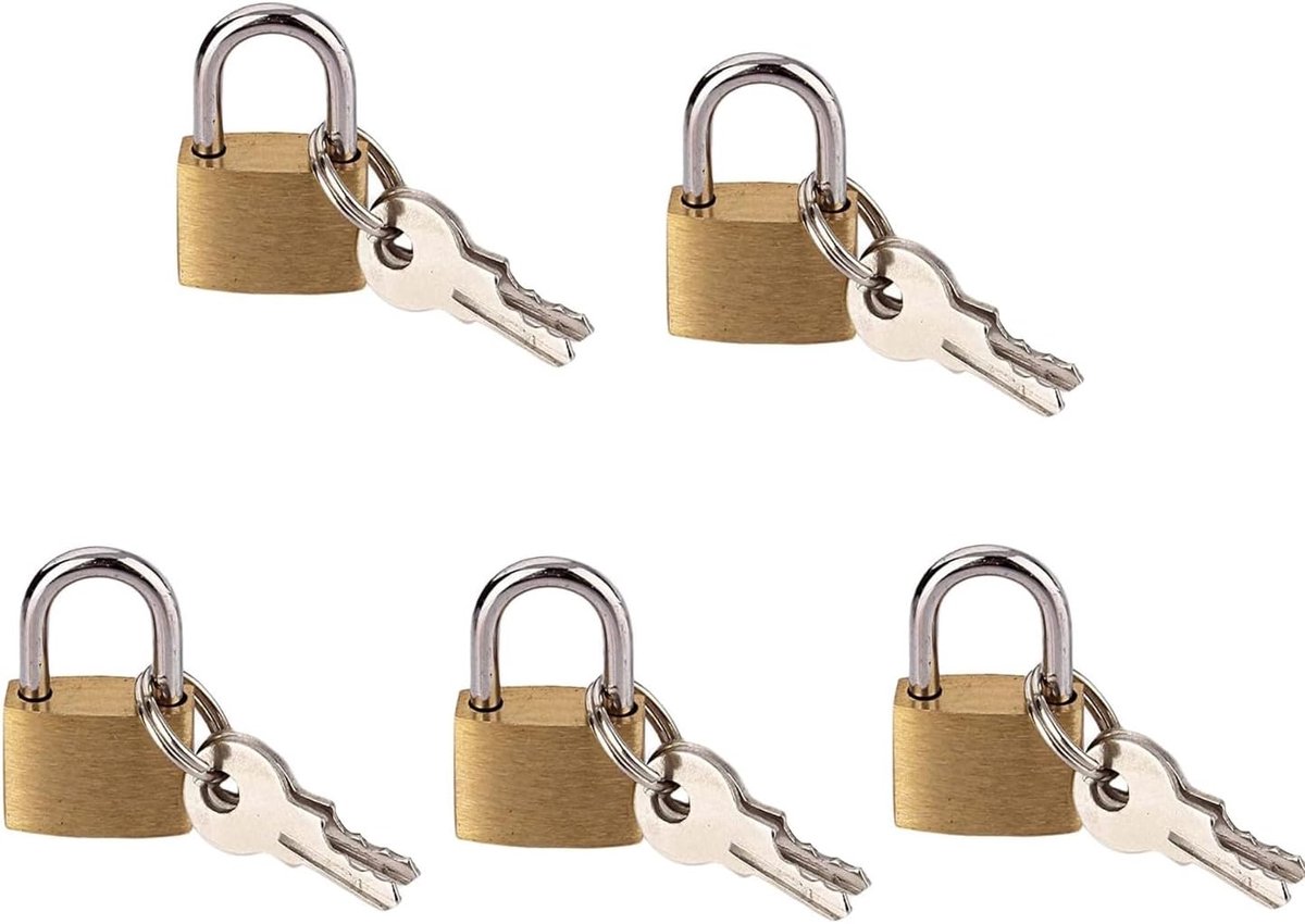 SnelShoppen - Mini Hangslotjes Set van 5 Koperkleurige Sloten met 10 Sleutels - Perfect voor Bagage, Reistassen, Koffers, Kettingen, Dagboeken